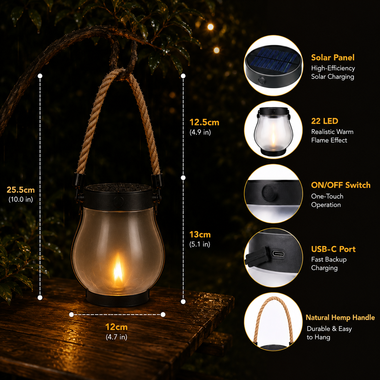 Solar Flame Lantern | Flickering Firelight, No Fire Required